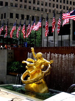 American flags on display outdoors at the Rockefeller Center (New York, New York).