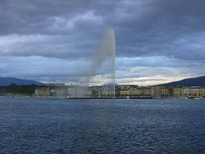 The Jet d'Eau fountain in Lake Geneva in Geneva