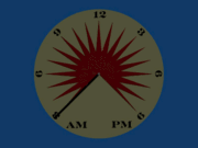 Top view of an equatorial sundial.  The hour lines are spaced equally about the circle, and the shadow of the gnomon (a thin cylindrical rod) rotates uniformly.  The height of the gnomon is 5/12 the outer radius of the dial.  This animation depicts the motion of the shadow from 3 a.m. to 9 p.m. on mid-summer's day, when the sun is at its highest declination (roughly 23.5°).  Sunset and sunrise occur at 3am and 9pm, respectively, on that day at geographical latitudes near 57.5°, roughly the latitude of Aberdeen or Gothenburg.